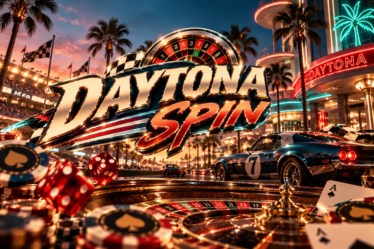 DaytonaSpin Casino banner: retro racecircuit bij zonsondergang met roulettewiel en geblokte vlag
